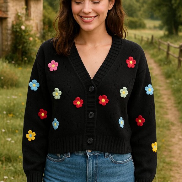 Black Knit Cardigan Sweater Medium Button Front 3D Embroidered Flower Retro Boho - Picture 1 of 9